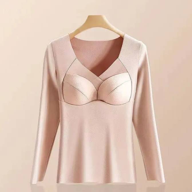 ​Thermal Underwear For Women With Built-in Bra - Fleece Lined, Seamless, V-Neck, Slim Fit, Long Sleeve Winter Base Layer_voghion.com