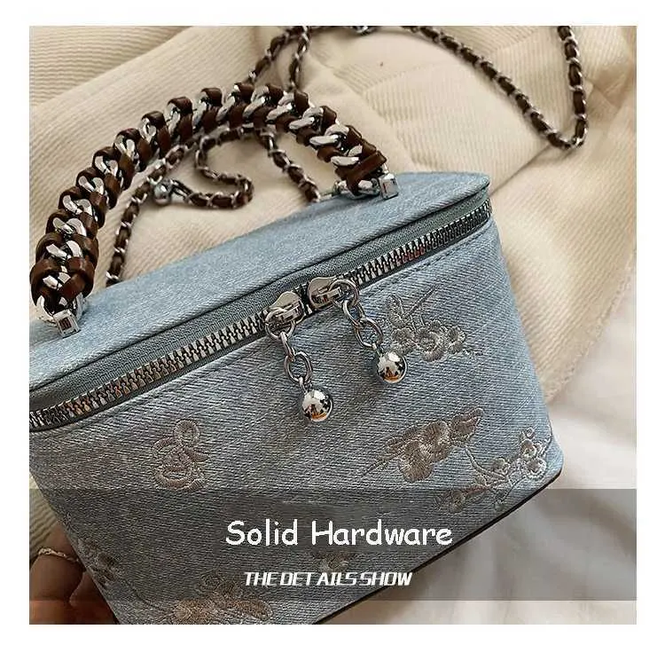 Dammode Denimväskor Broderi Ral Tryck Flap Box Patch Pu Handtag Väska Kvinnlig Mångsidig Pendlingskedja Axelväska_voghion.com