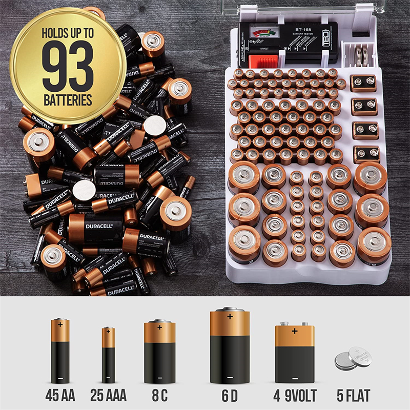 L'organizzatore e il tester della batteria con coperchio L'organizzatore e la custodia per la conservazione della batteria contengono 93 batterie di varie dimensioni Custodia per batterie_voghion.com