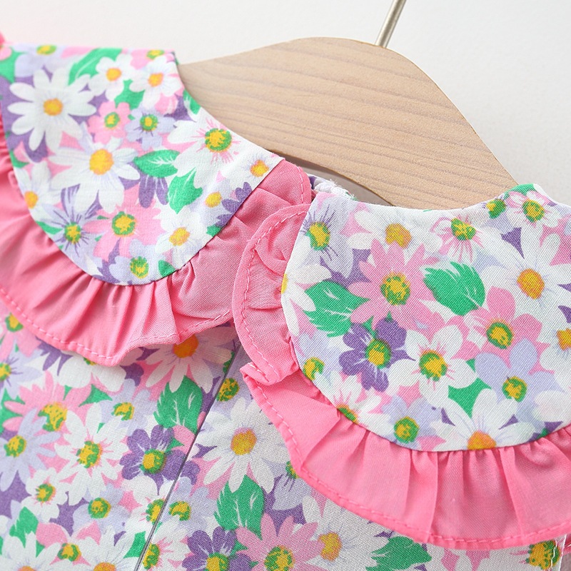 Bloem bedrukte babymeisjesjurk Mouwloos poppenkraagje Schattige jurk Verjaardagsfeestjurk Stuur strik tas_voghion.com