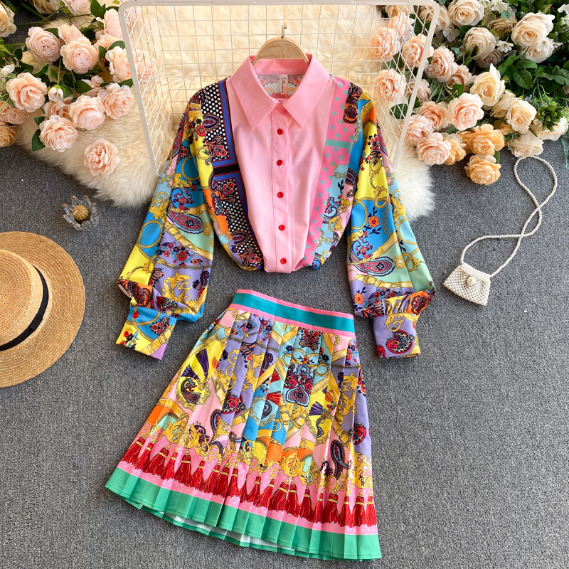 Conjunto de falda ajustada de cintura alta para mujer, camisa con manga de burbuja y cuello con estampado exótico bohemio, 789