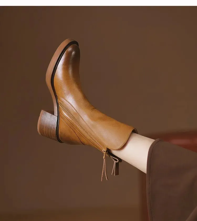 Womens high leather short round thick side zipper foot pedal boots 241022_voghion.com