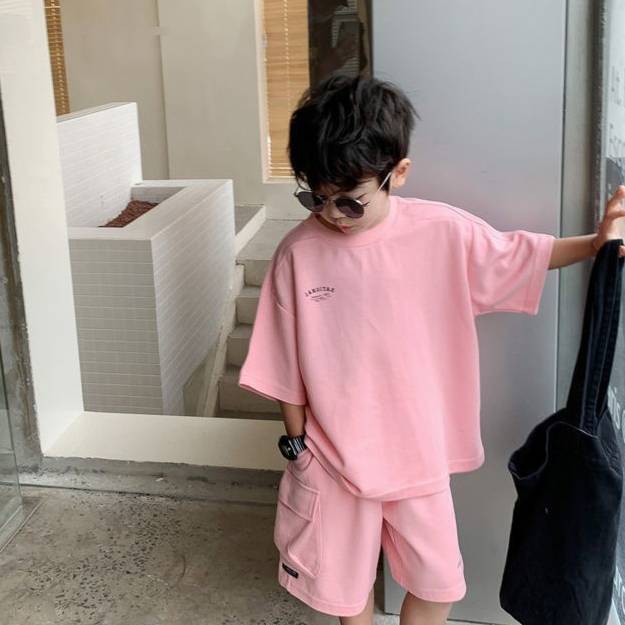 Ensemble de sport d'été pour garçon, t-shirt à manches courtes et short deux pièces, couleur unie, style Dopamine_voghion.com