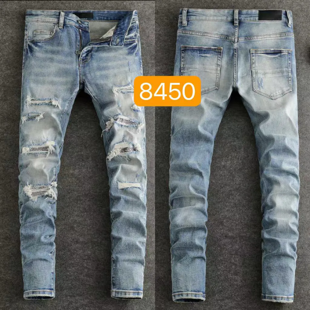 Jean en denim extensible pour homme, coupe motard, coupe slim, patch peint, jambe, pantalon de cowboy_voghion.com