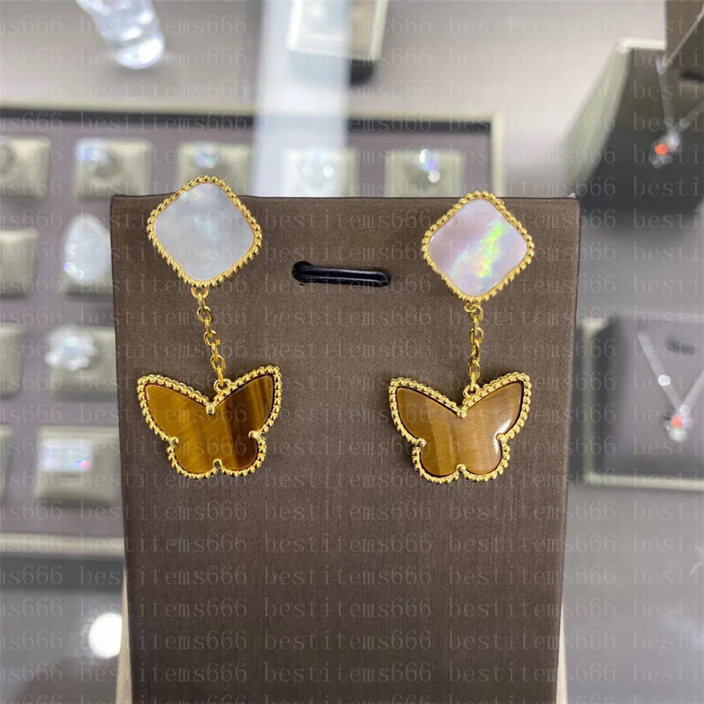 Due orecchini a bottone con ciondolo a forma di quadrifoglio, in madreperla, argento e agata placcata oro, per donne e ragazze_voghion.com