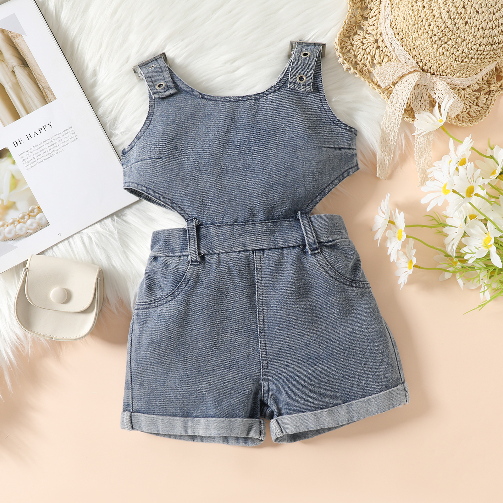 Mother & Kids Foreign trade children's clothing minimum order of one piece new 2024 girls suspenders denim shorts girls jumpsuit_voghion.com