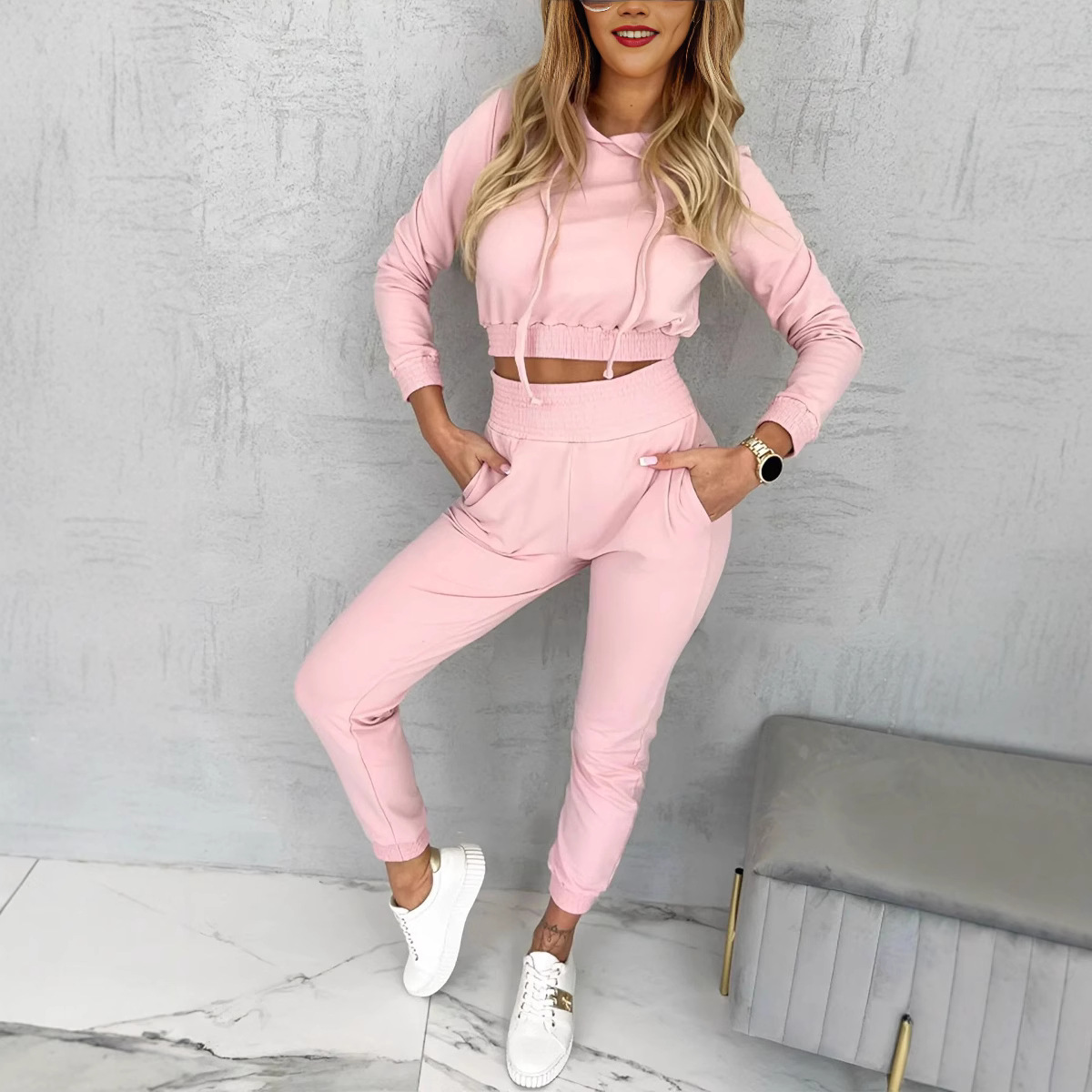 Women's Clothing Autumn and Winter thick casual hooded long sleeved sweater suit trousers two piece suit