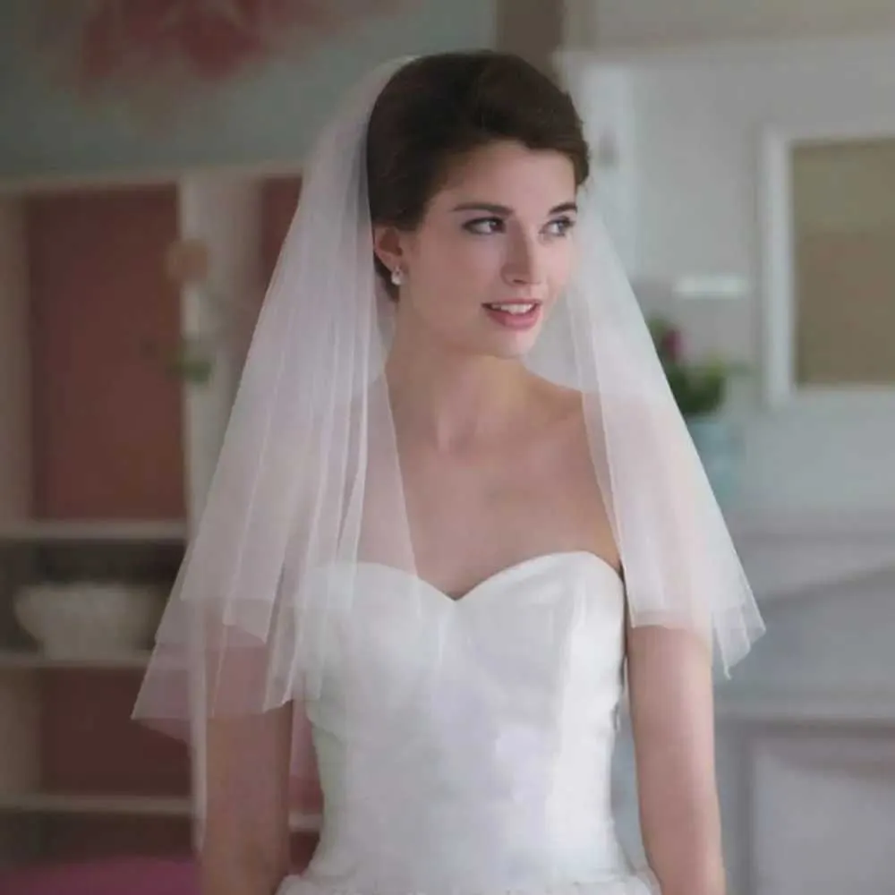 Gioielli per capelli Uno strato Bordo taglio corto Tulle Velo da sposa economico Semplice Velo da sposa bianco avorio Accessori da sposa_voghion.com