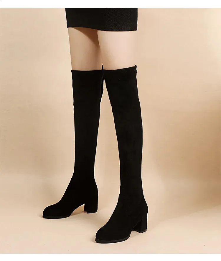 artificial Suede Autumn Zipper Elastic Knee Boots Womens Lace High Heels Black Botas Drone 240911_voghion.com