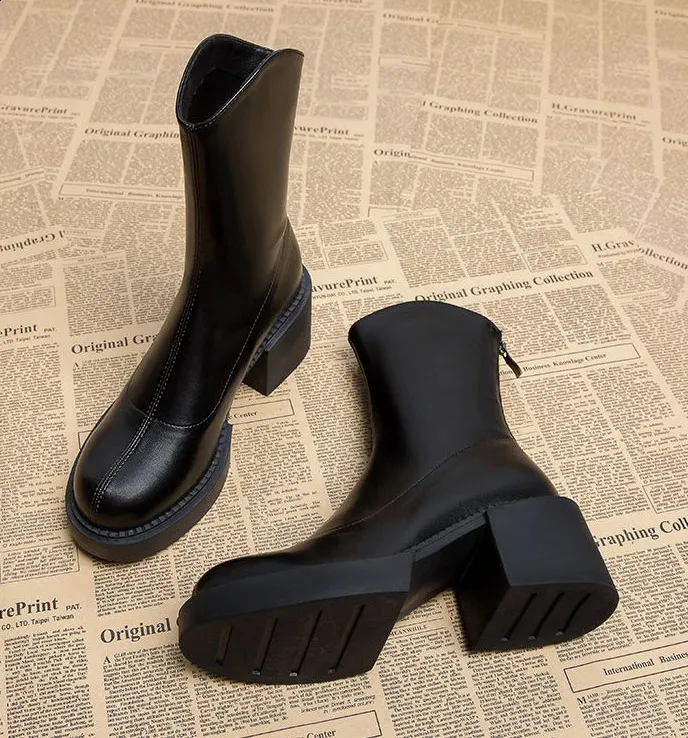 High ankle work very high heels brown short and chubby platform womens waterproof boots black Pu 240911_voghion.com