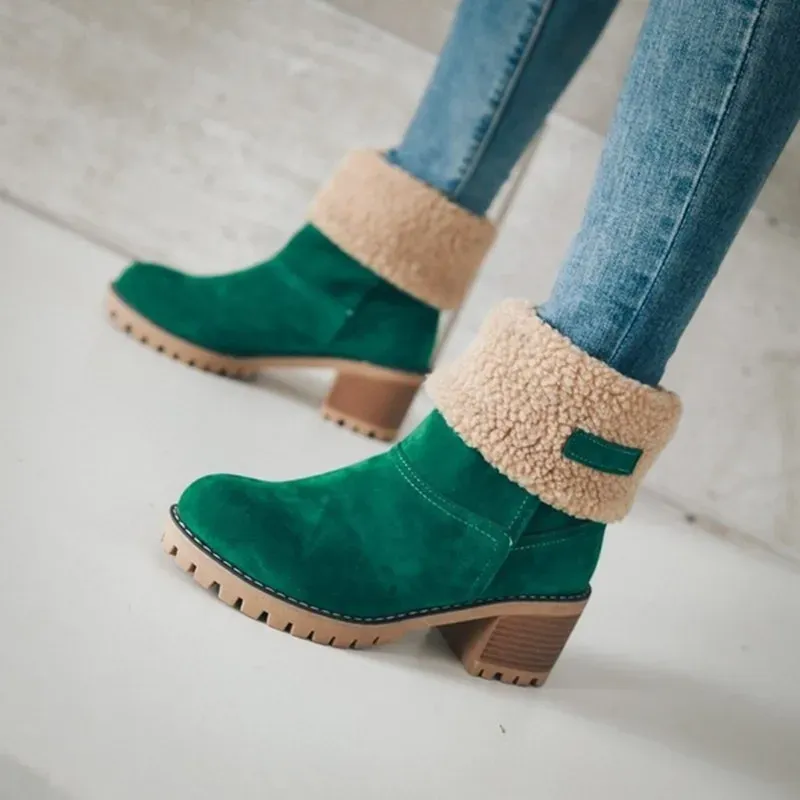 Autumn and Winter Fashion New Casual Comfortable Plus Veet Warm Square Heel Round Toe Solid Color Women's Ankle_voghion.com