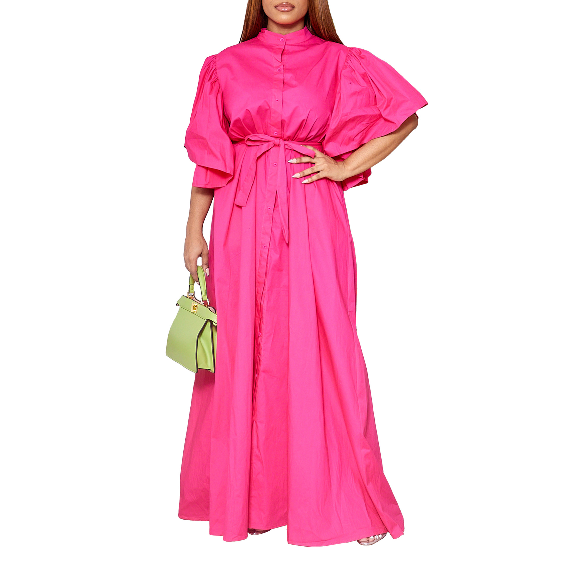 Damenbekleidung Sommermode Trompetenärmel Einreihiger Gürtel Taille Lose Langes Rockkleid_voghion.com