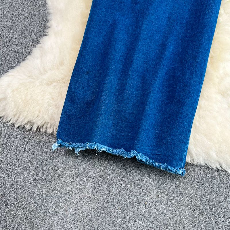 Women's color-changing tube top waist slimming mid-length back slit denim hip-hing dress_voghion.com