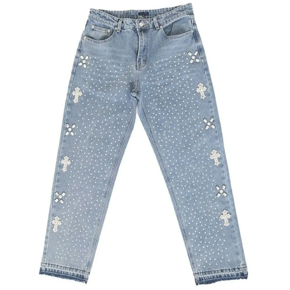 Men's Jeans Y2K Fashion Men Women Haruku Cross Graphic Rhinestone Baggy Trousers Goth Retro Blue Straight Pants_mkmklike.com