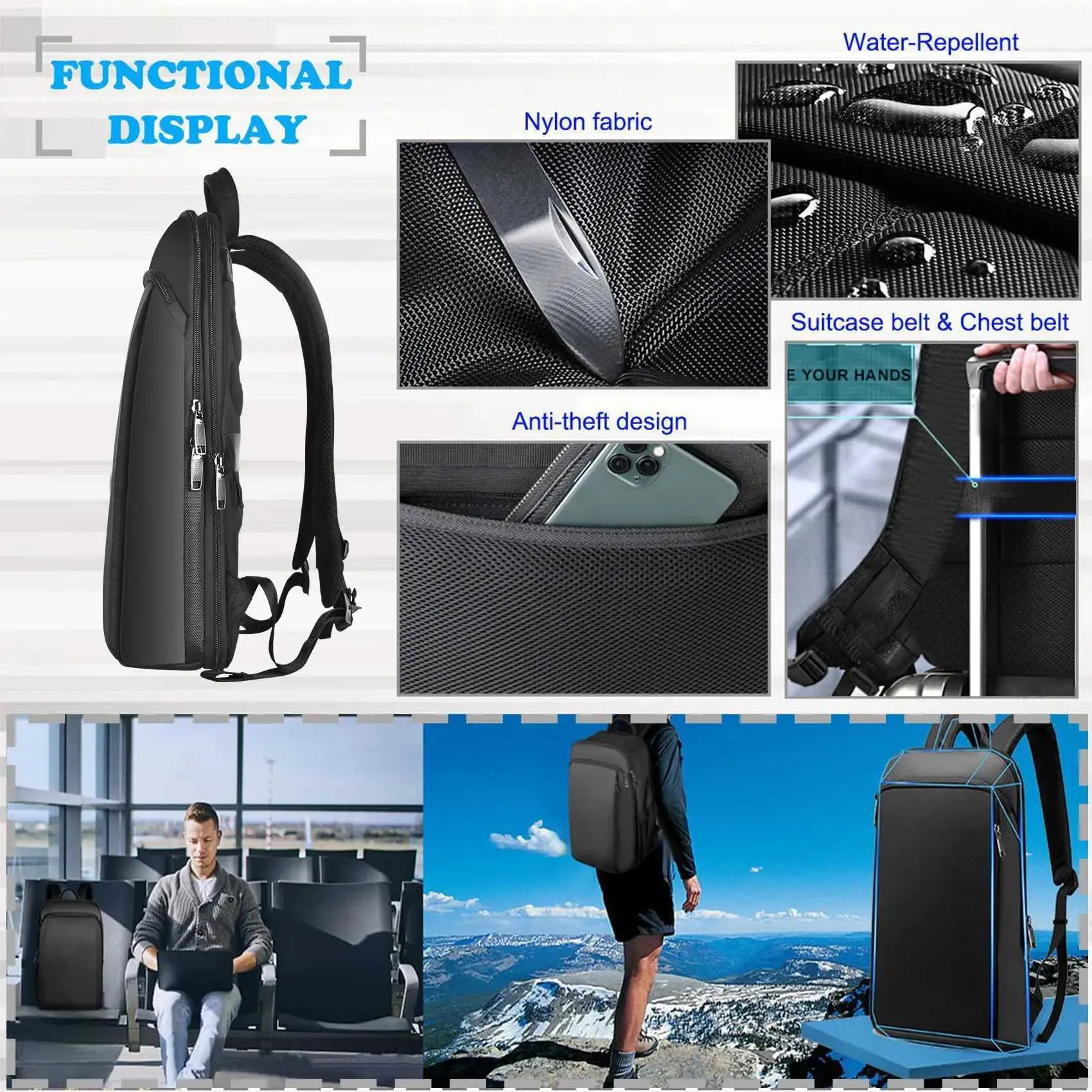 ZINZ Rucsac pentru laptop subțire și extensibil de 15,6 inch, antifurt, pentru călătorii de afaceri, pentru bărbați și femei C241031_voghion.com