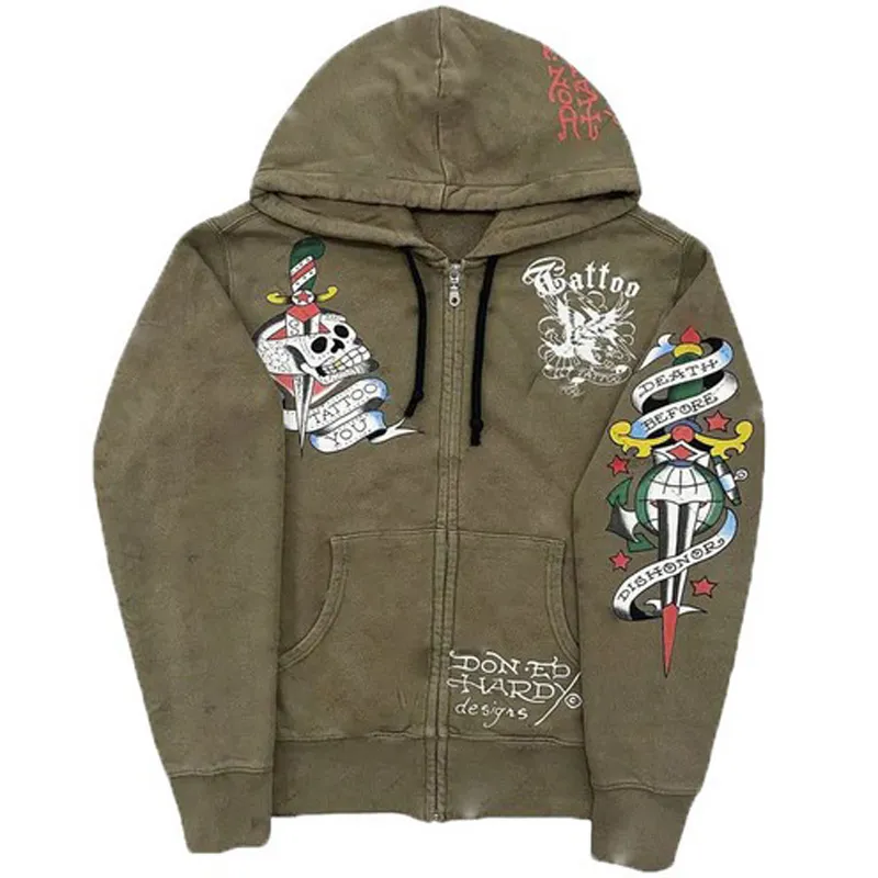 Felpa con zip gothic skull ricamata oversized stile harajuku_voghion.com