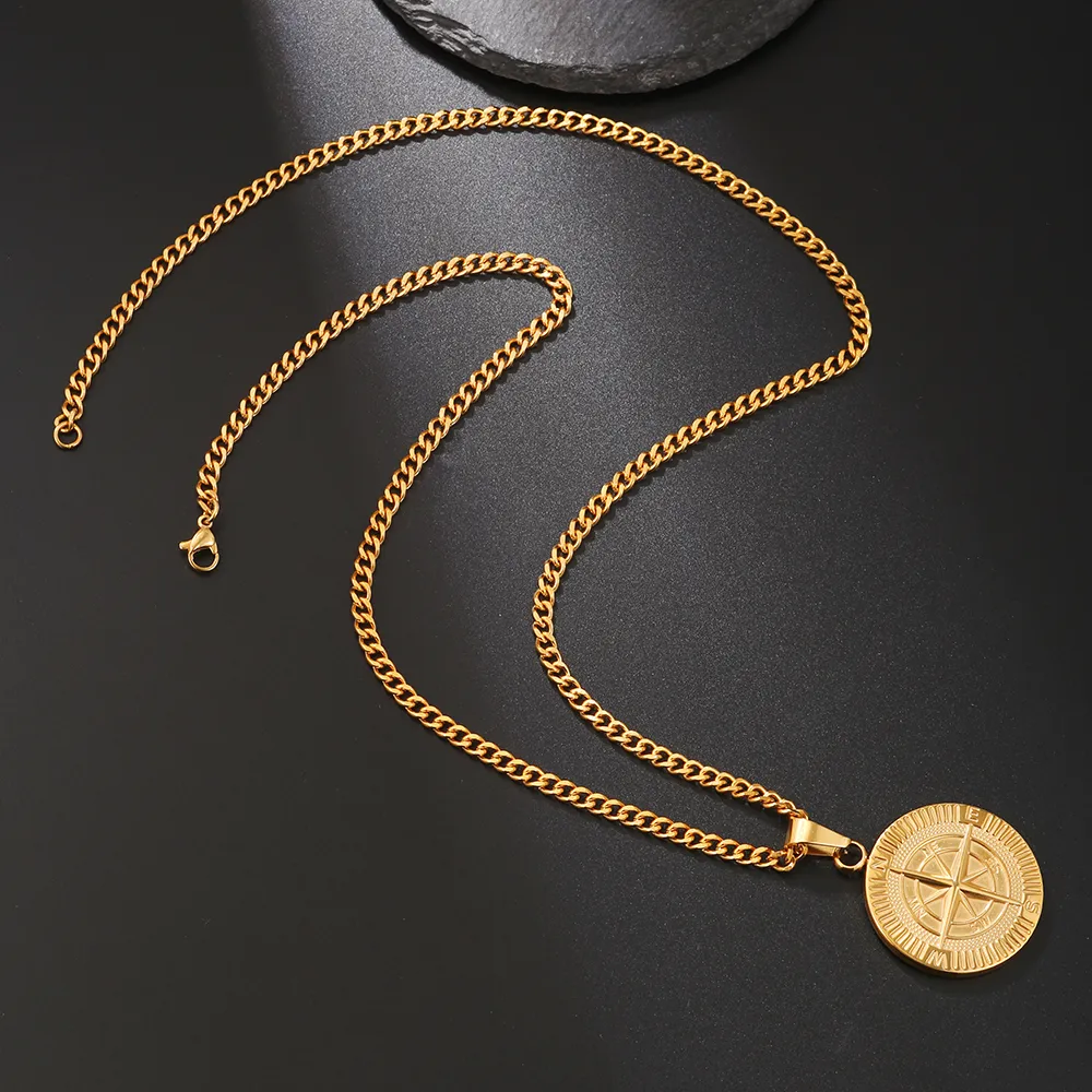 Colliers Hio Hop pour hommes en acier inoxydable avec pendentif boussole de voyage et voile, chaîne cubaine Figaro, collier décontracté_voghion.com