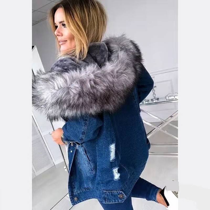 Women's Clothing New Plus Fleece Collar Denim Jacket Ladies Thick Cotton Jacket Denim_mkmklike.com