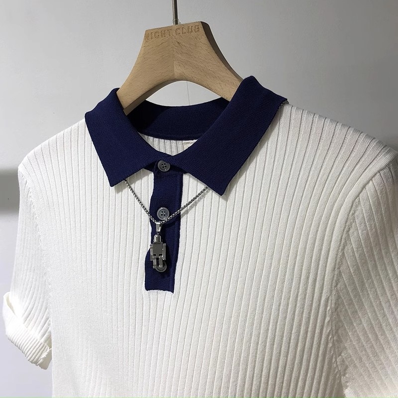 Herrenbekleidung Gestreiftes, kontrastfarbenes, kurzärmliges Poloshirt aus Strick für Herren, neue Sommerkleidung, hochwertiges, lässiges, atmungsaktives Revers-T-Shirt_voghion.com