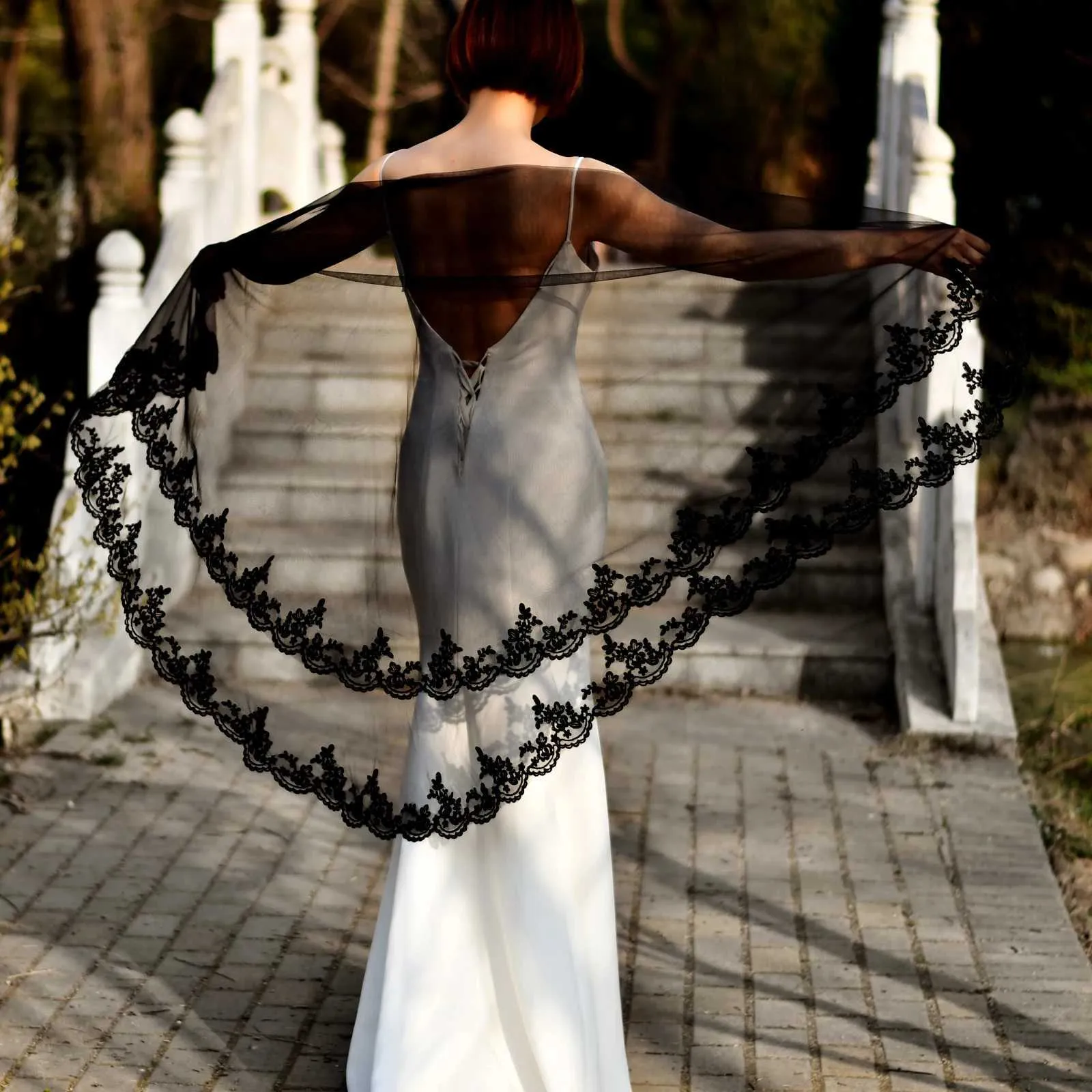 Bijoux de cheveux V65 voiles noirs sans peigne, bord appliqué en dentelle, fard à joues, Style goutte, accessoires de mariage pour mariée_voghion.com