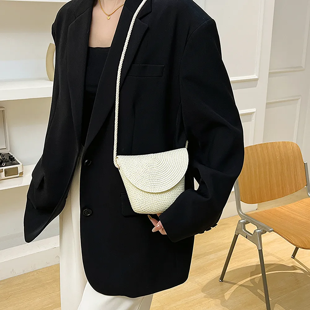 Borsa a tracolla estiva da donna, in tessuto alla moda, casual, semplice, portatile, elegante, fatta a mano, in tinta unita, per il fine settimana._voghion.com