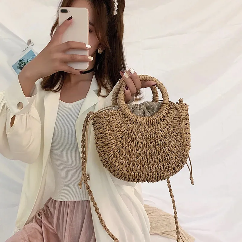 Half-round Rattan Shoulder Bag Large Capacity Summer Beach Tote_voghion.com