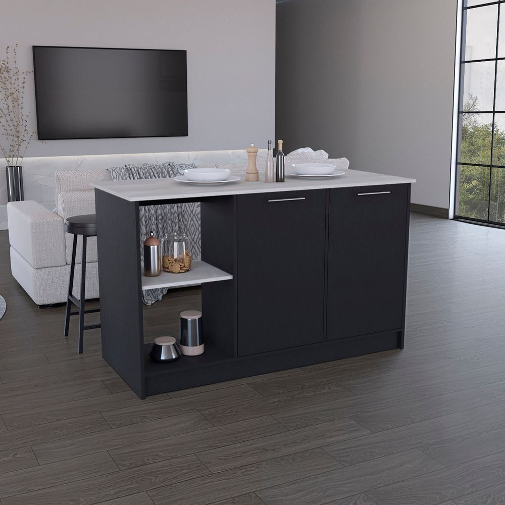 Coral Kitchen Island With Large Countertop, Open Storage Shelves And Double Door Cabinet_voghion.com