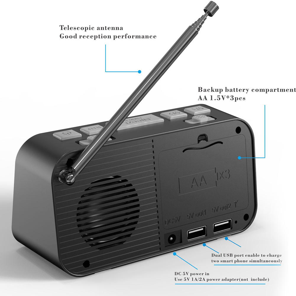 FM Radio LED Digital Wecker Snooze Hellegkeet Verstellbar Dësch Auer Bett Auer Duebel USB Opluedbar Auer_voghion.com