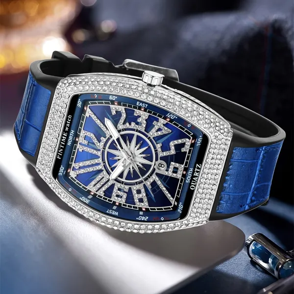 Herrenmode Coole Einzigartige Uhr Iced Out Bling Kristall Strass Quarz Armbanduhren Mit Gummiband_voghion.com