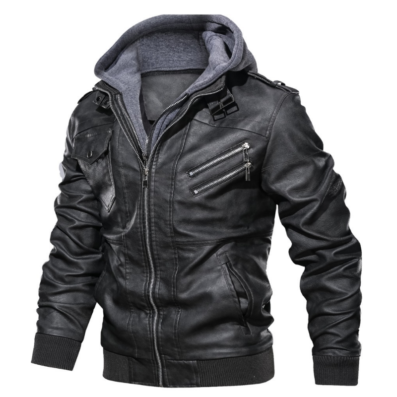 Male PU Hooded Collar Zipper Autumn Casual Slim Windbreaker Chaquetas Motorcycle Leather Jacket Men Winter Fleece Tactics Coat