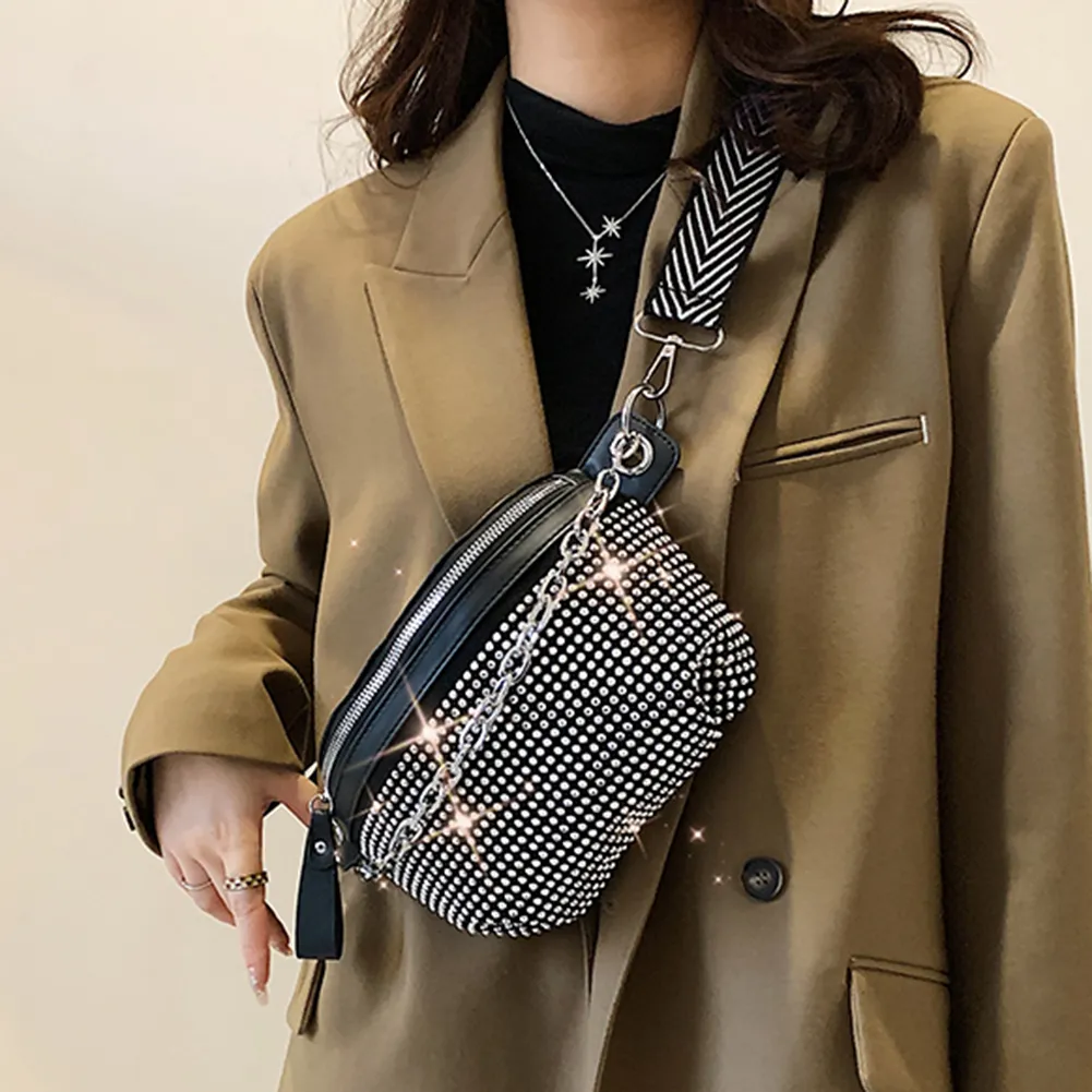 Rhinestone Ladies Handbags Fashion Chain Female Sling Waist Pack Casual Adjustable Strap Portable Elegant For Weekend_voghion.com