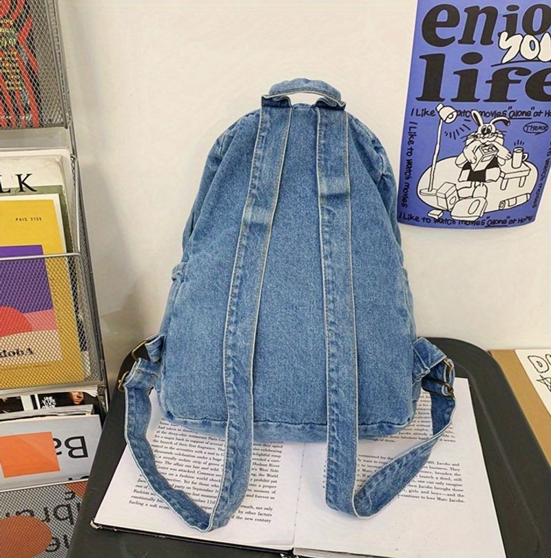 Vintage denimväska, Preppy College skoldagsresor pendlarryggsäck och laptopväska, unisexväska för vardagsbruk_voghion.com