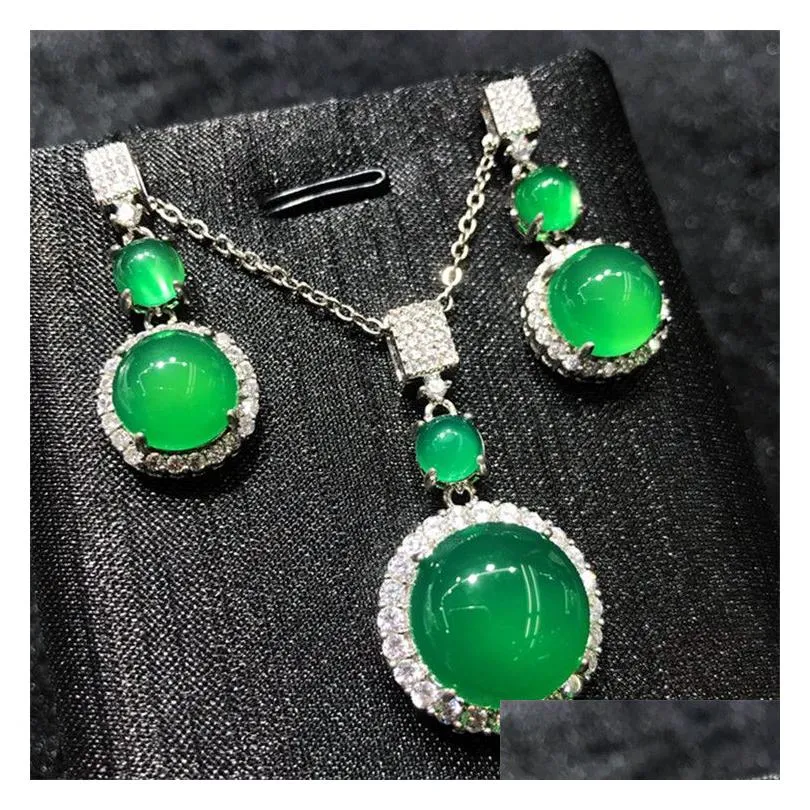 Ensembles de bijoux de mariage faits à la main en jade et diamants, bagues de fiançailles en argent sterling, boucles d'oreilles, collier pour femmes, goutte de mariée_voghion.com