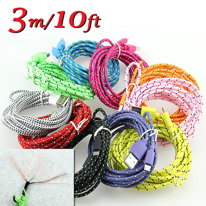 Fabric Braided Charging Round Coloful Nylon Data Sync USB Charger Cord 3m 10ft 2m 6ft 1m 3ft Cable For Mobile Phone_voghion.com