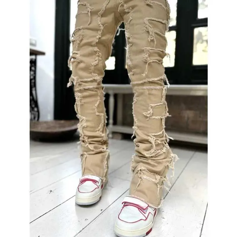 Jeans aderenti aderenti da uomo con frange hip-hop R Edge elastici e toppe punk rock lunghi e attillati, pantaloni in denim blu rosa_voghion.com