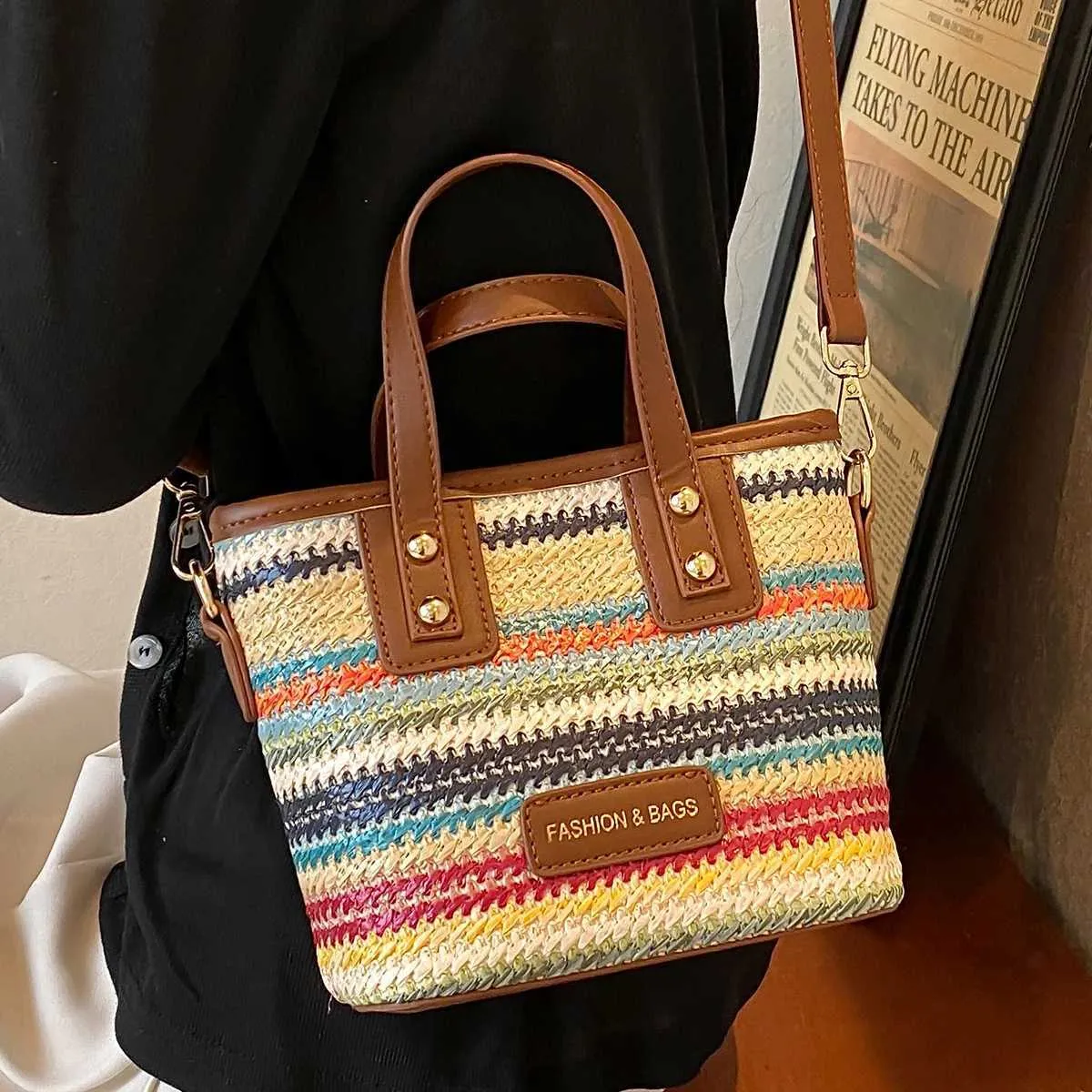 Borsa a secchiello intrecciata alla moda da donna, estiva, carina, piccola, con toppa in PU, con manico, a tracolla, design alla moda, per pendolari e viaggiatori_voghion.com