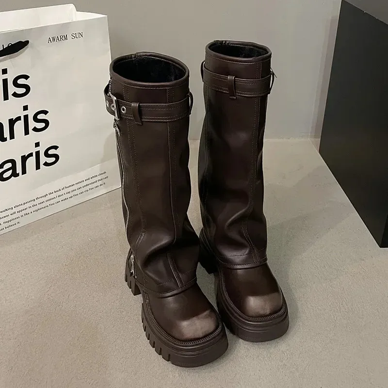 Women Fashion Boots Winter Biker Belt Buckle Ladies Elegant Platform Long Pipe Casual Womens Knee High Booties 2_voghion.com
