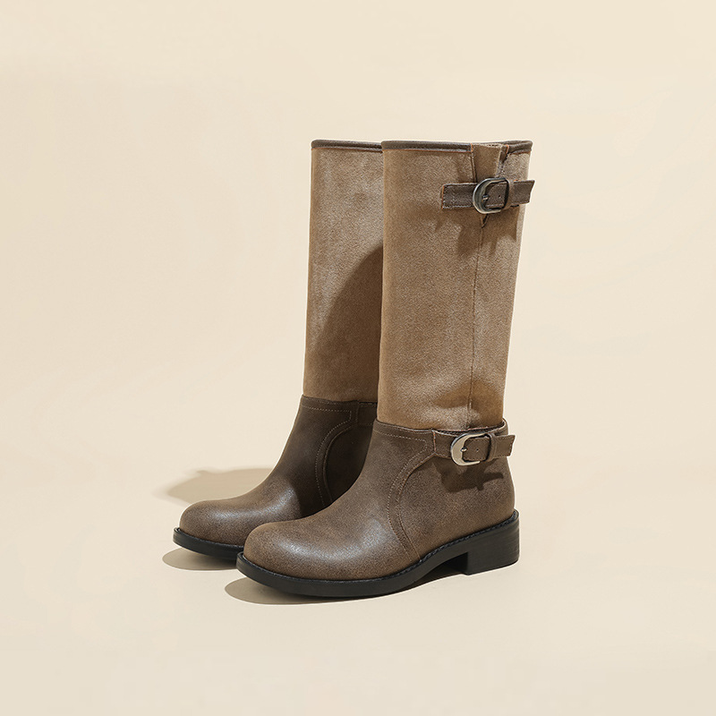 Women’s Shoes Retro Wide Tube Knight Boots Women’s Flat Boots Large Tube High Boots Western Boots Pile Boots