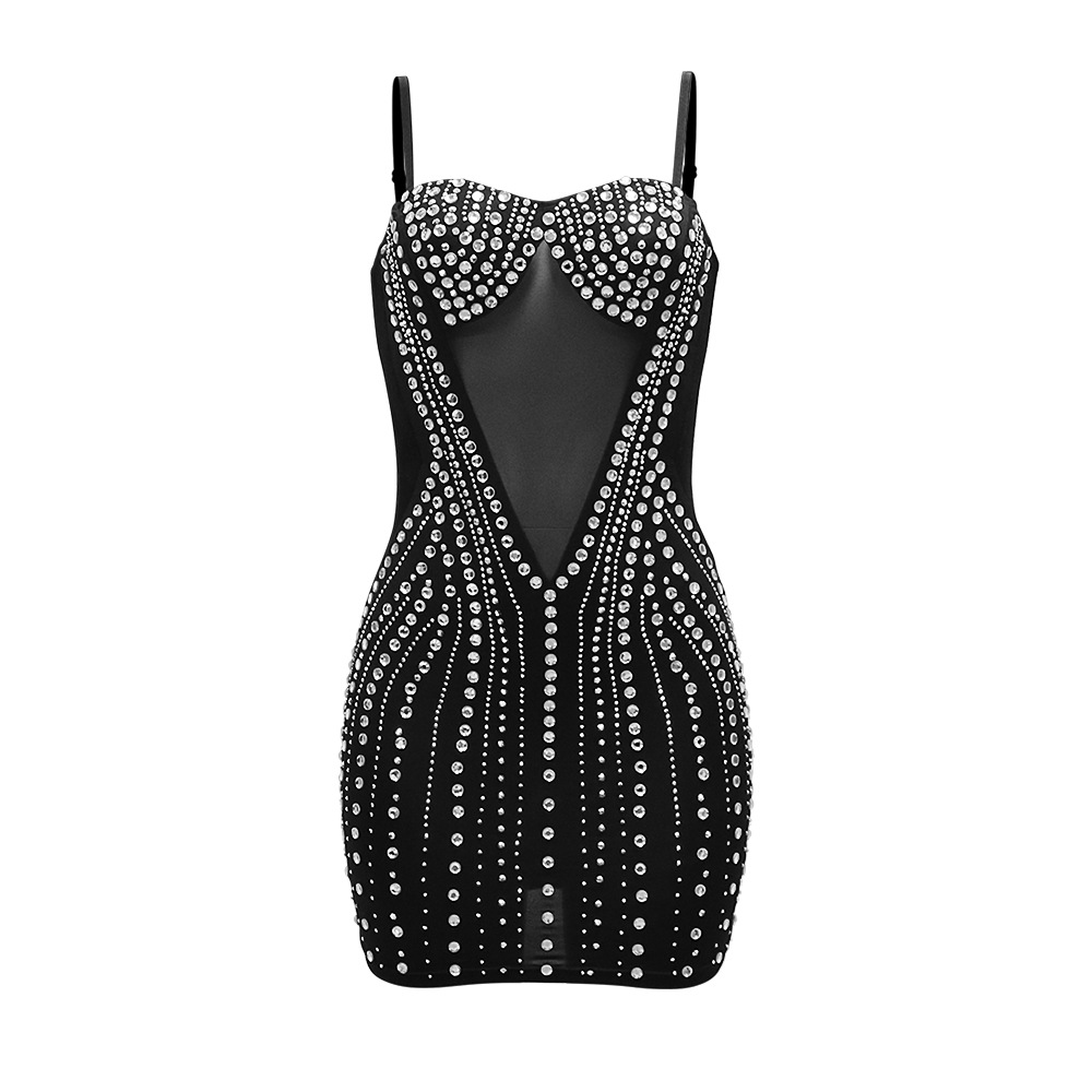 Damenbekleidung, sexy, heißes, durchsichtiges, hüftbedeckendes, ärmelloses Strapskleid aus Diamant-Samt-Spleißnetz für Damen_voghion.com