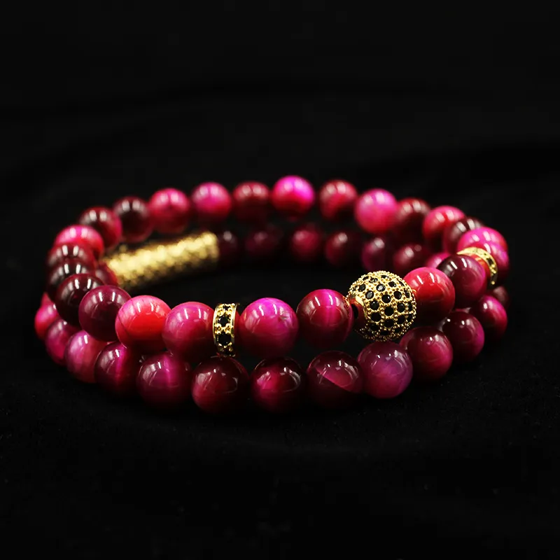 Set di braccialetti con perline di perle naturali di occhio di tigre da 2 pezzi/set, gioielli per uomo e donna, accessori per cinturino da polso in materiale elastico_voghion.com