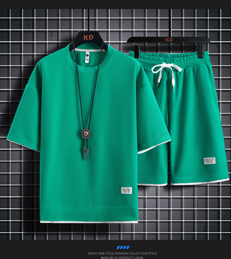 Men's Clothing Waffle T-shirt men's two-piece suit couple loose trendy large size five-point pants outdoor casual_voghion.com