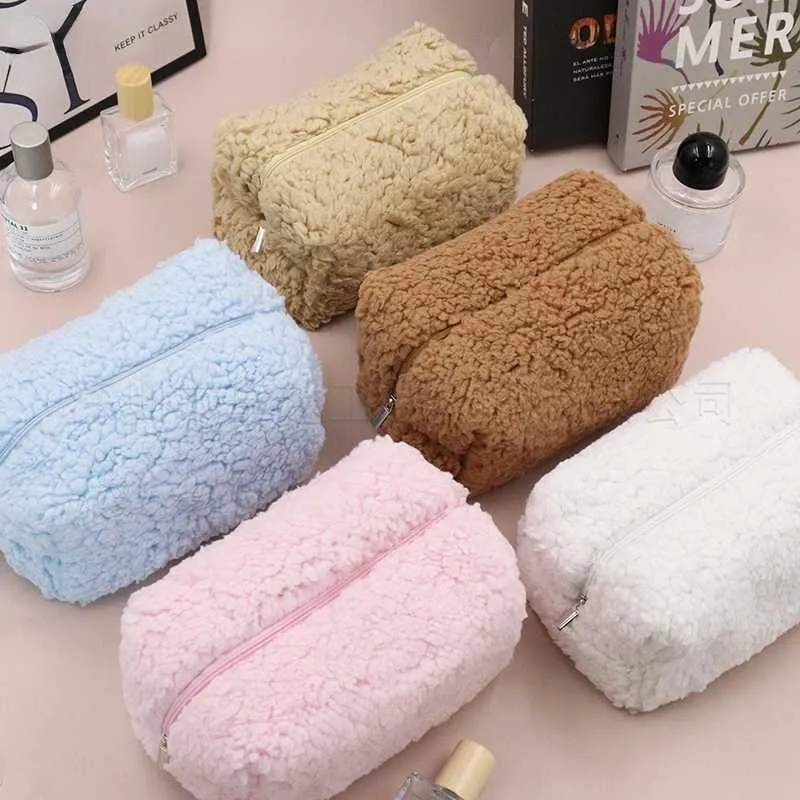 Lammwolle Mini Niedlicher Plüsch Makeup Organizer Kawaii Bleistiftbox Tasche Reise Münzbörse Home Storage Y241023_voghion.com