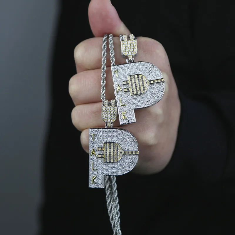 Chaînes Plaqué Or Hip Hop Hommes Bijoux Micro Pave Iced Out Bling Cubique Zircone Pavé Lettre P Forme Talk Plug Pendentif_voghion.com