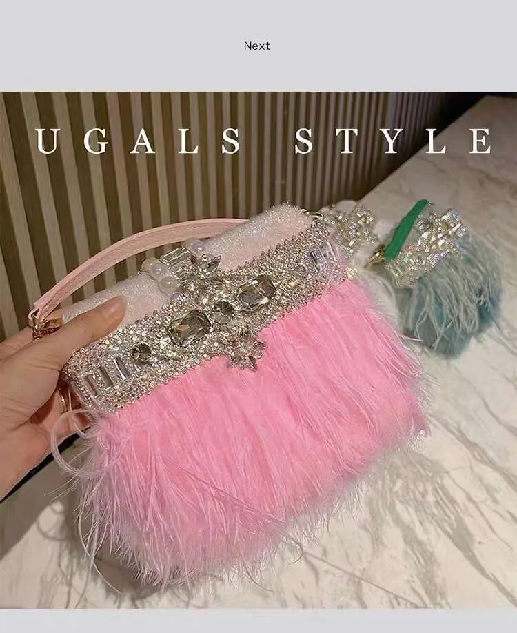 Borsa da sera da donna in pelo di struzzo, borsa a tracolla con pochette in cristallo Rhie Dia, borsa da festa per matrimonio_voghion.com