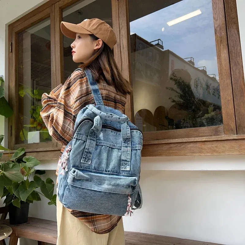 Retro Denim Womens Backpack Canvas Shoulders Bag College Knapsack Big Packbag Travel Rucksack Student Jeans Mochila Y2K_voghion.com