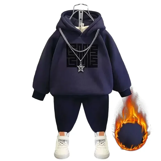 Meninos Outono Winer Spors Nova Moda Solto Fiing Crianças Meninas Com Capuz Sweashir Pans Duas peças Se Crianças Pelúcia_voghion.com