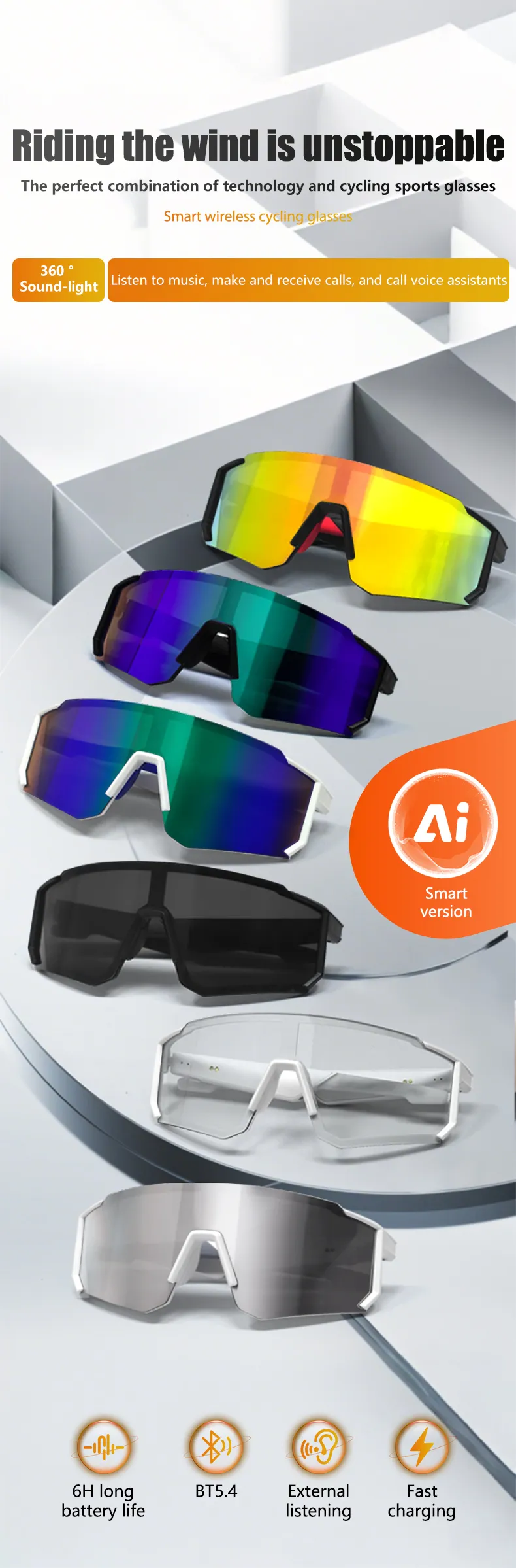 Gafas de sol inteligentes con Bluetooth, diseño de viento y arena (2025), para ciclismo al aire libre, para hombres y niñas, con colores deslumbrantes._voghion.com