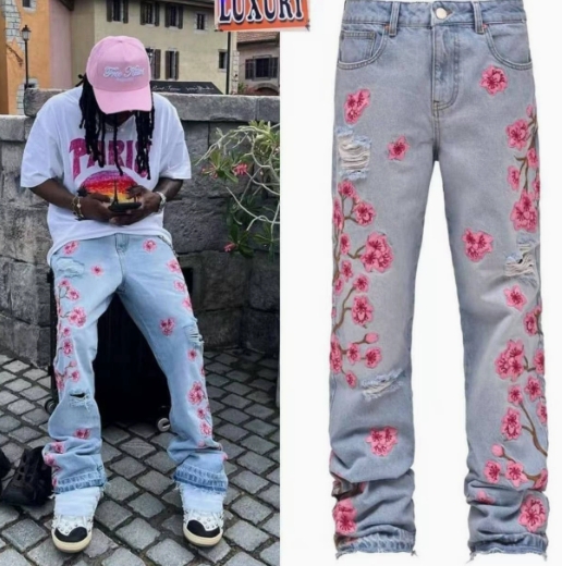Vêtements pour hommes printemps et automne High Street rétro ciré vieux pantalons droits tendance sale imprimé Wasteland tendance lâche jeans droits