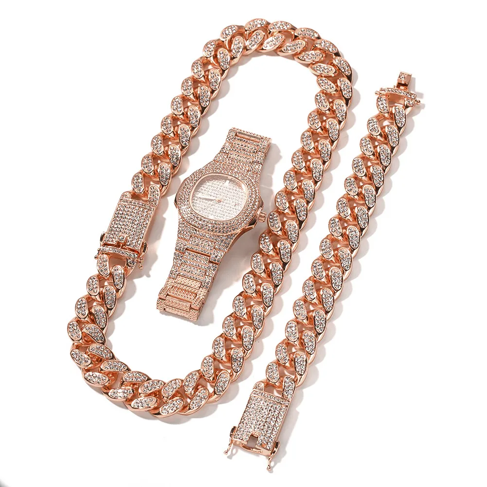 Νέα μόδα εξατομικευμένη 20 χιλιοστά χρυσό Blingbling ανδρών κουβανέζικη αλυσίδα συνδέσμων κολιέ βραχιόλι σετ ρολογιών χιπ χοπ ράπερ κοσμήματα_voghion.com