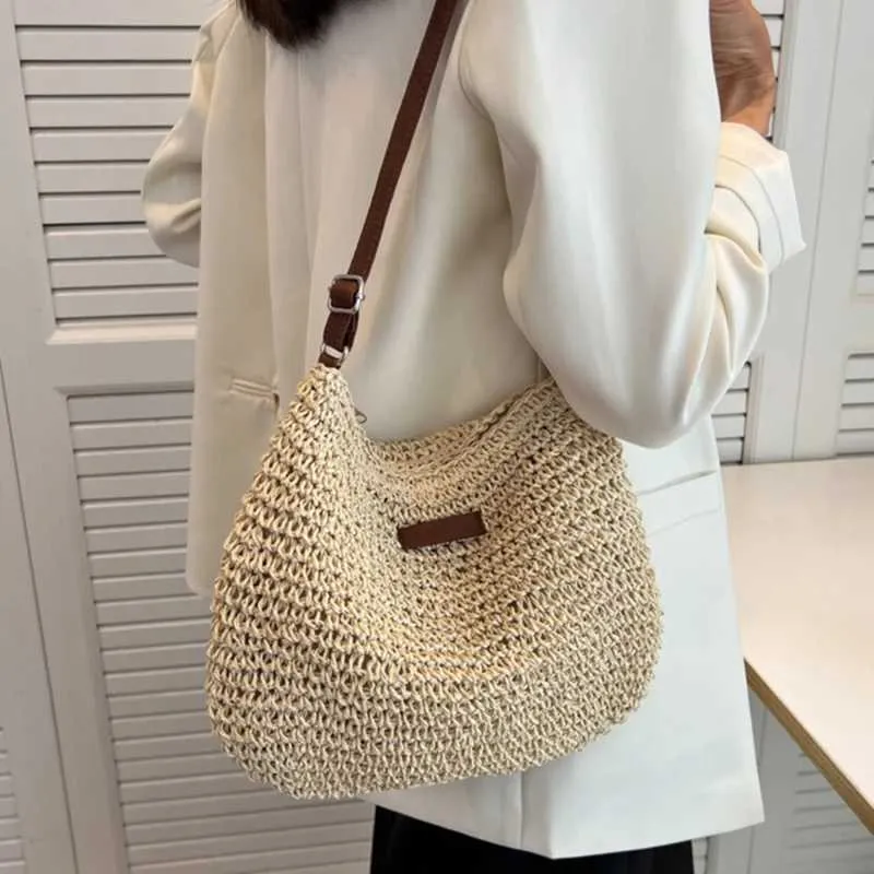 Sac à bandoulière tissé en paille pour l'été, sac à main de grande capacité pour les vacances à la plage, le shopping, les messages_voghion.com